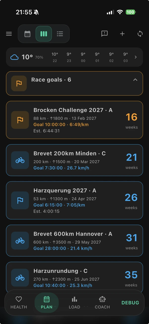 Your races with priorities, distances, elevation, dates, target times and countdowns.
