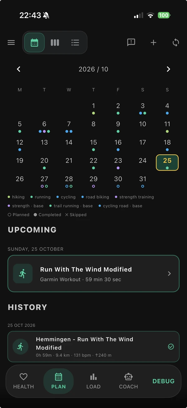 A month of training, with sport colours and clear planned and completed markers.