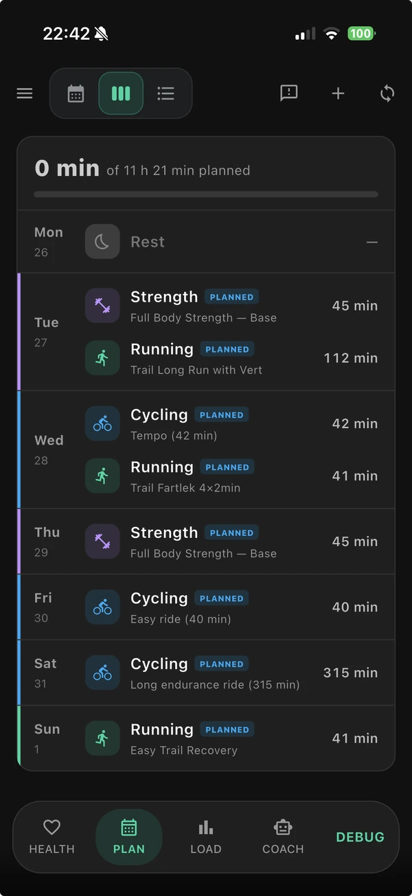 Your planned week, with running, cycling, strength, rest days and multiple sessions on the same day.